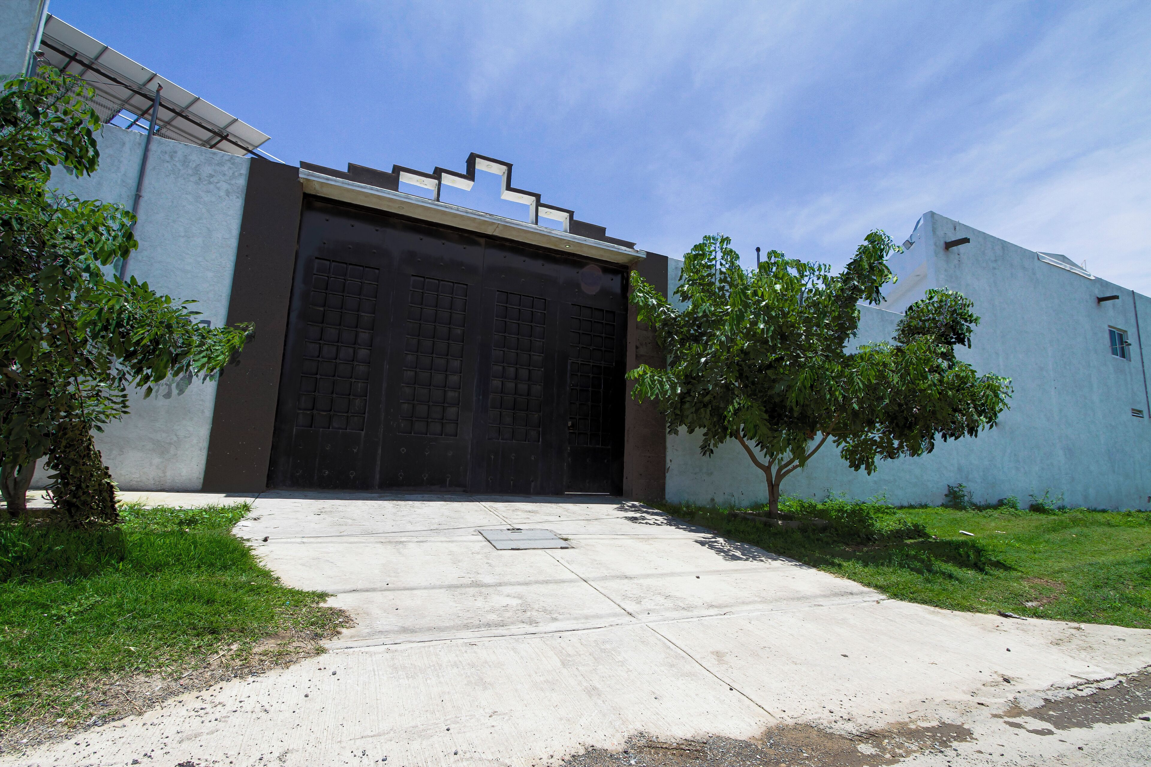 A building with a large, dark-colored garage door, a concrete pathway leading to it, and a grassy area with trees.