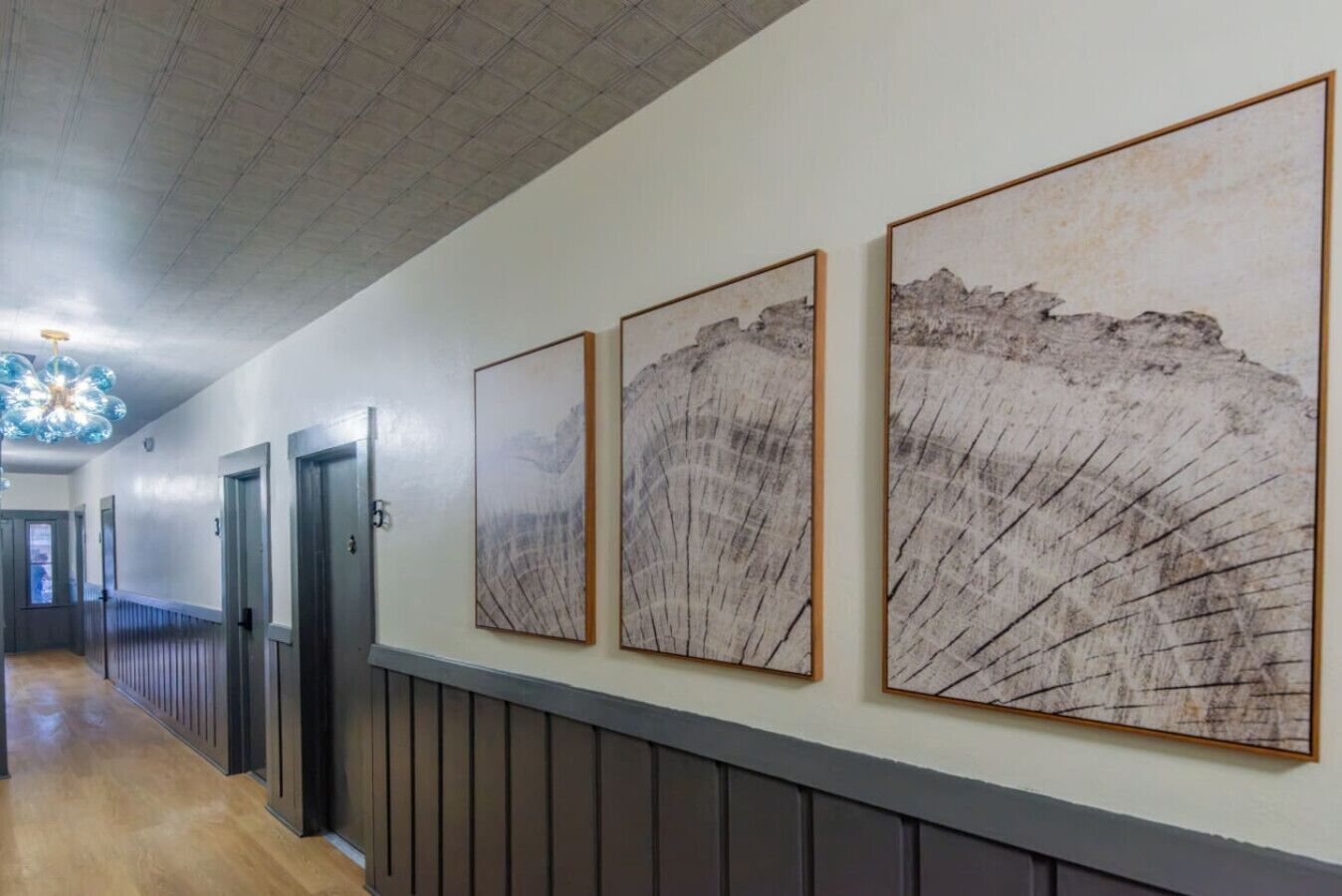 Un pasillo con tres cuadros enmarcados en la pared, suelo de madera y techo con diseño de cuadrícula.