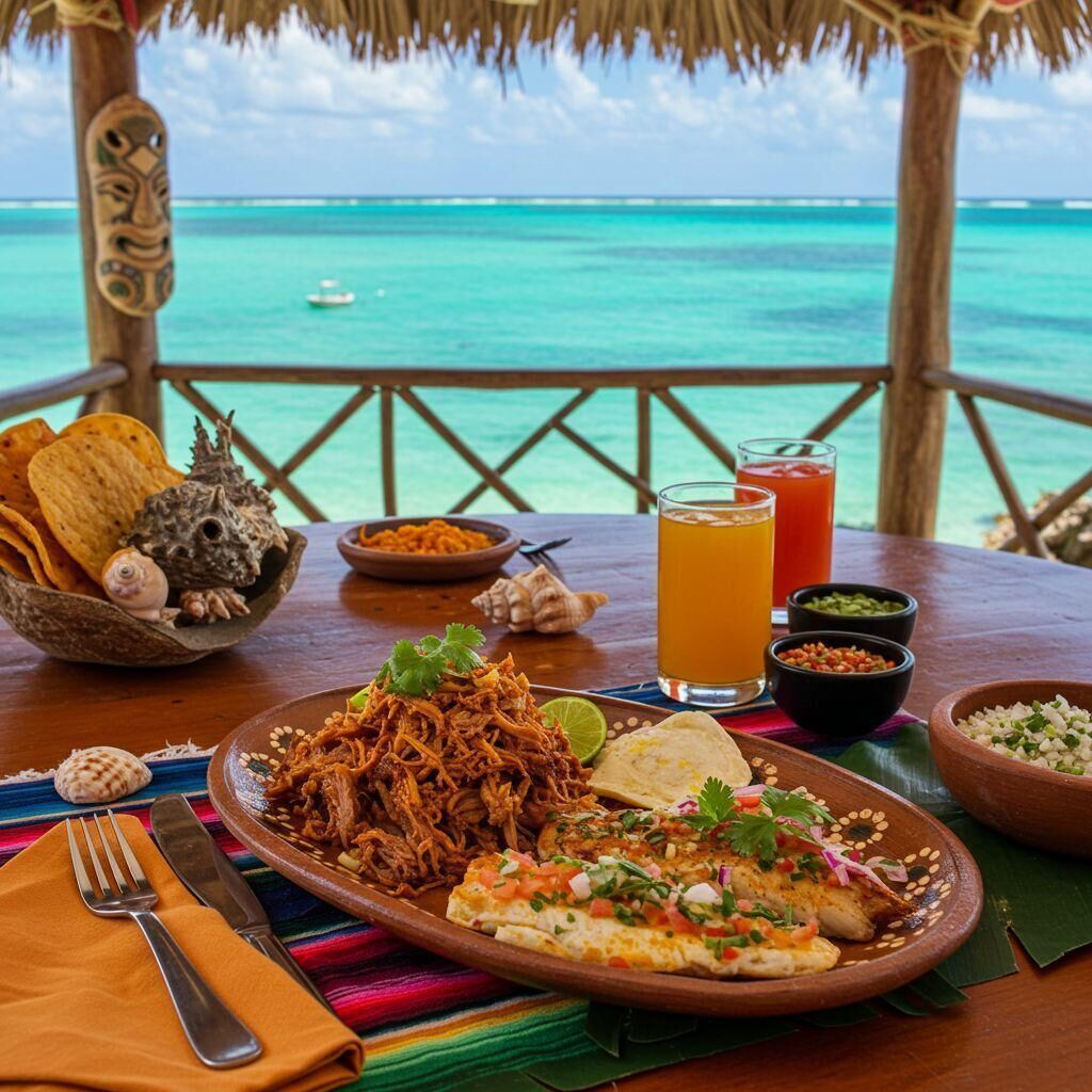 A table with a meal, a drink, and a view of the ocean.
