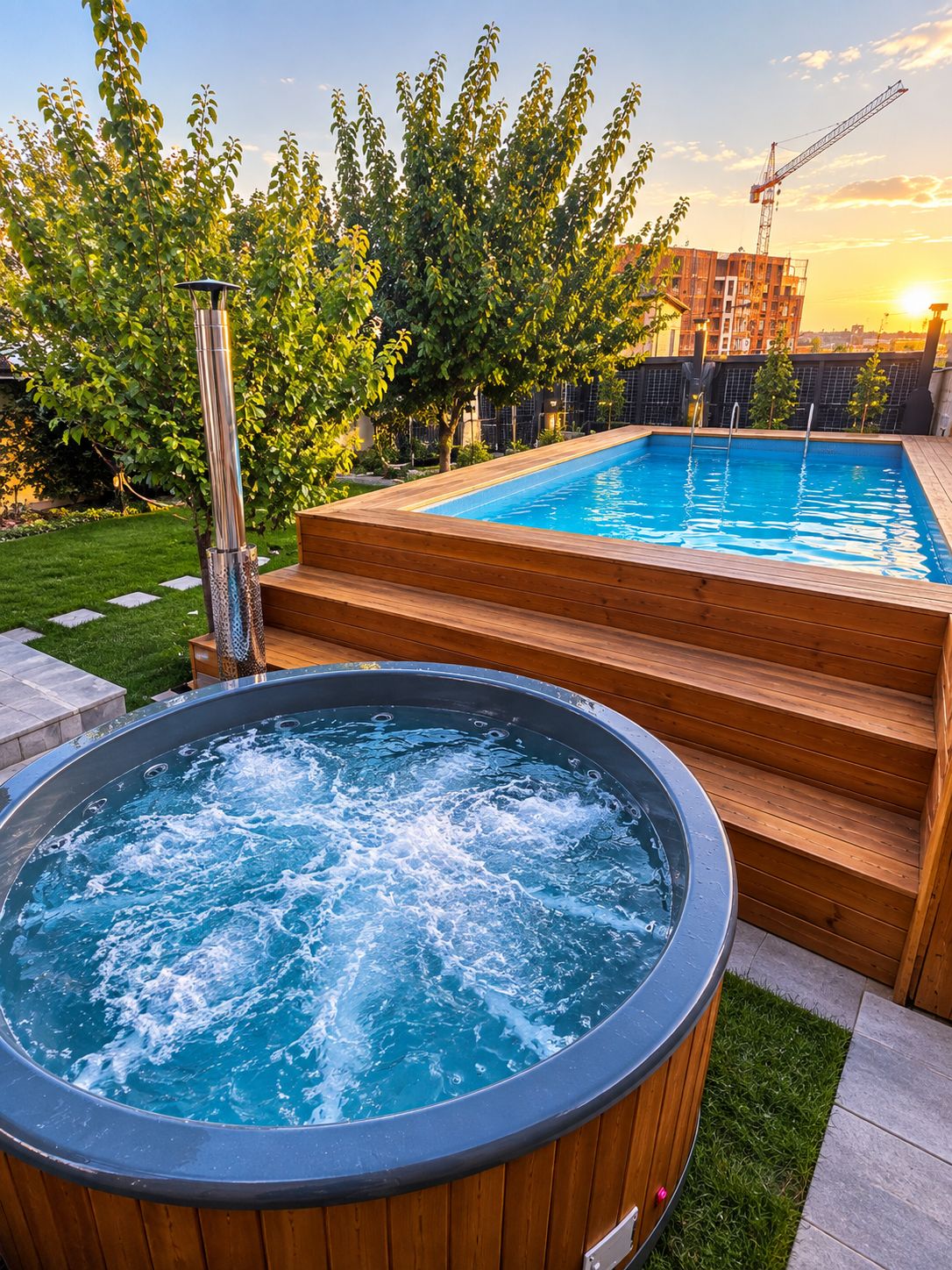 A swimming pool with wooden steps leading to it, surrounded by greenery and a construction crane in the background.