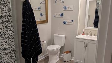 Hair dryer, towels, soap, toilet paper