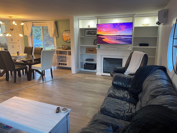 Smart TV, fireplace, books