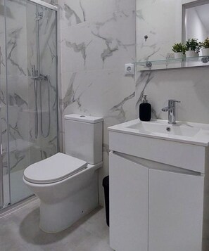 Shower, hair dryer, towels, toilet paper