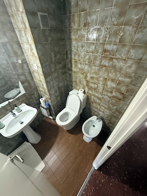 Een haardroger, een bidet, handdoeken, zeep