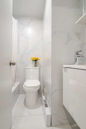 Shower, hair dryer, towels