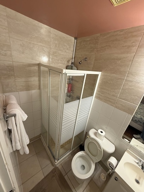 Hair dryer, towels, soap, toilet paper