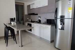 Fridge, microwave, oven, toaster