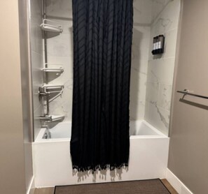 Hair dryer, towels, soap, toilet paper
