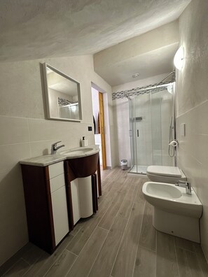 Een douche, een haardroger, een bidet, handdoeken