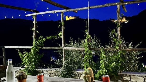 Un espacio de comedor al aire libre con una mesa preparada para dos personas, que incluye pizza y papas fritas.