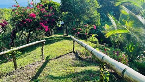 A garden pathway with bamboo railings, surrounded by lush greenery and flowering plants. - El Cerrito (Puerto Jimenez)