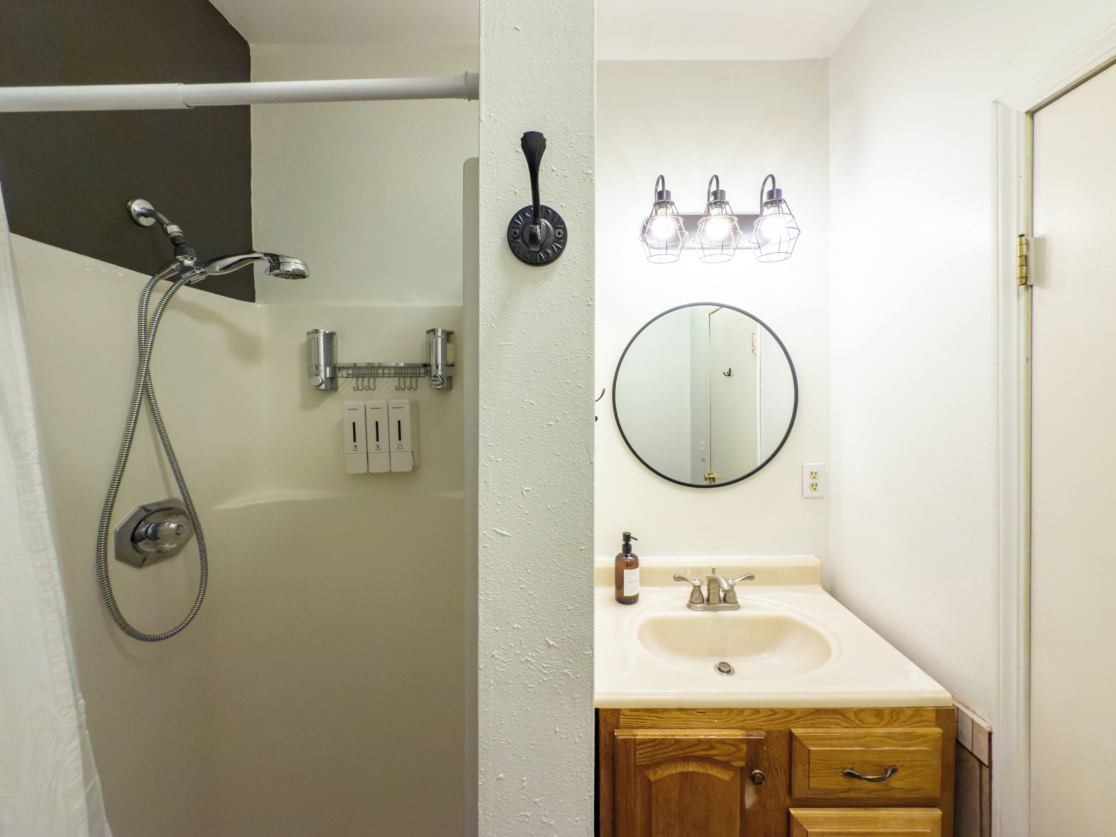 Hair dryer, towels, soap, shampoo