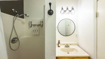 Hair dryer, towels, soap, shampoo