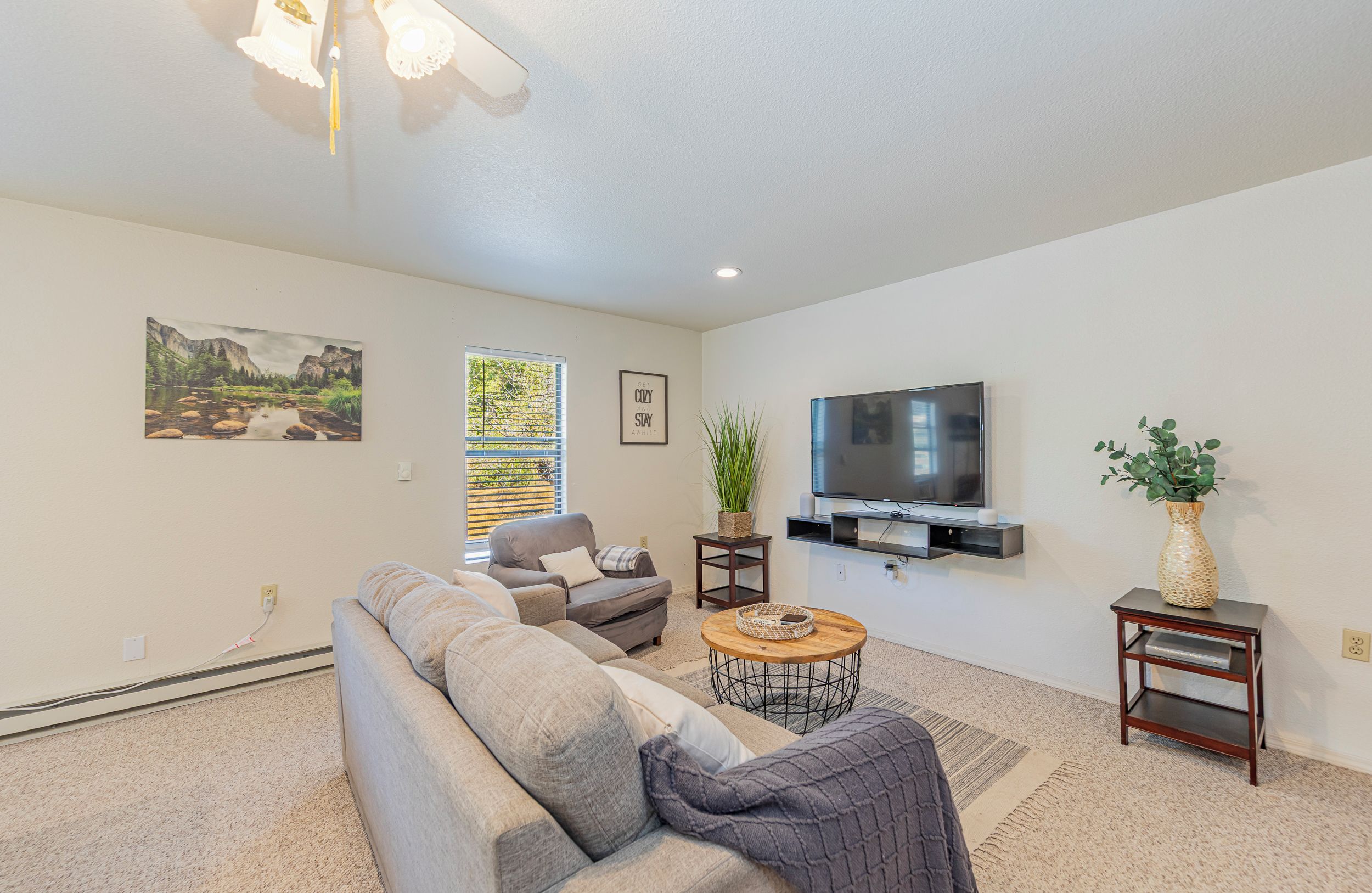 A living room with a sofa, a TV, a plant, and artwork on the walls.