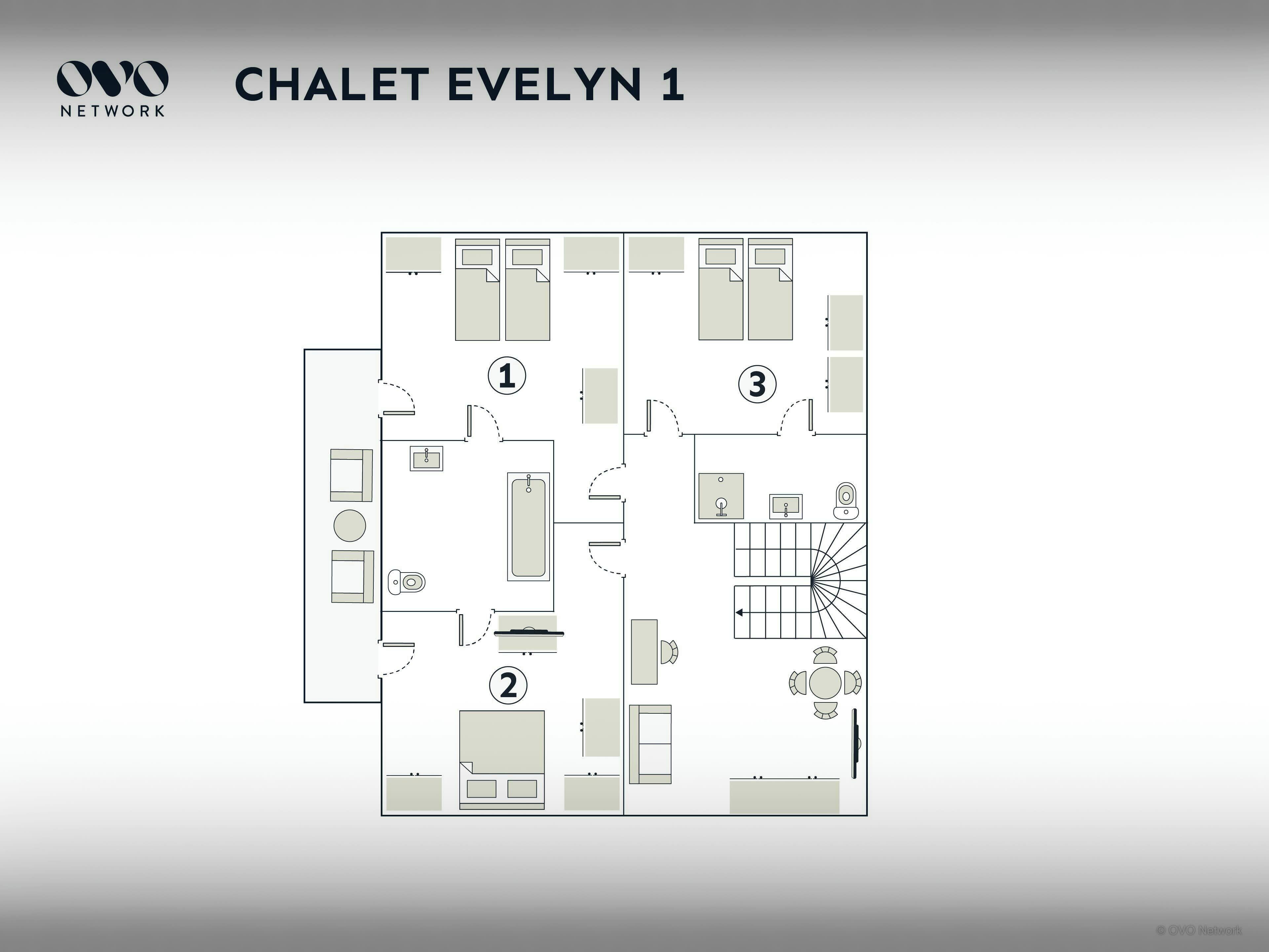 Pianta dei pavimenti del Chalet Evelyn 1, con tre camere da letto, una cucina, una sala da pranzo e un bagno.