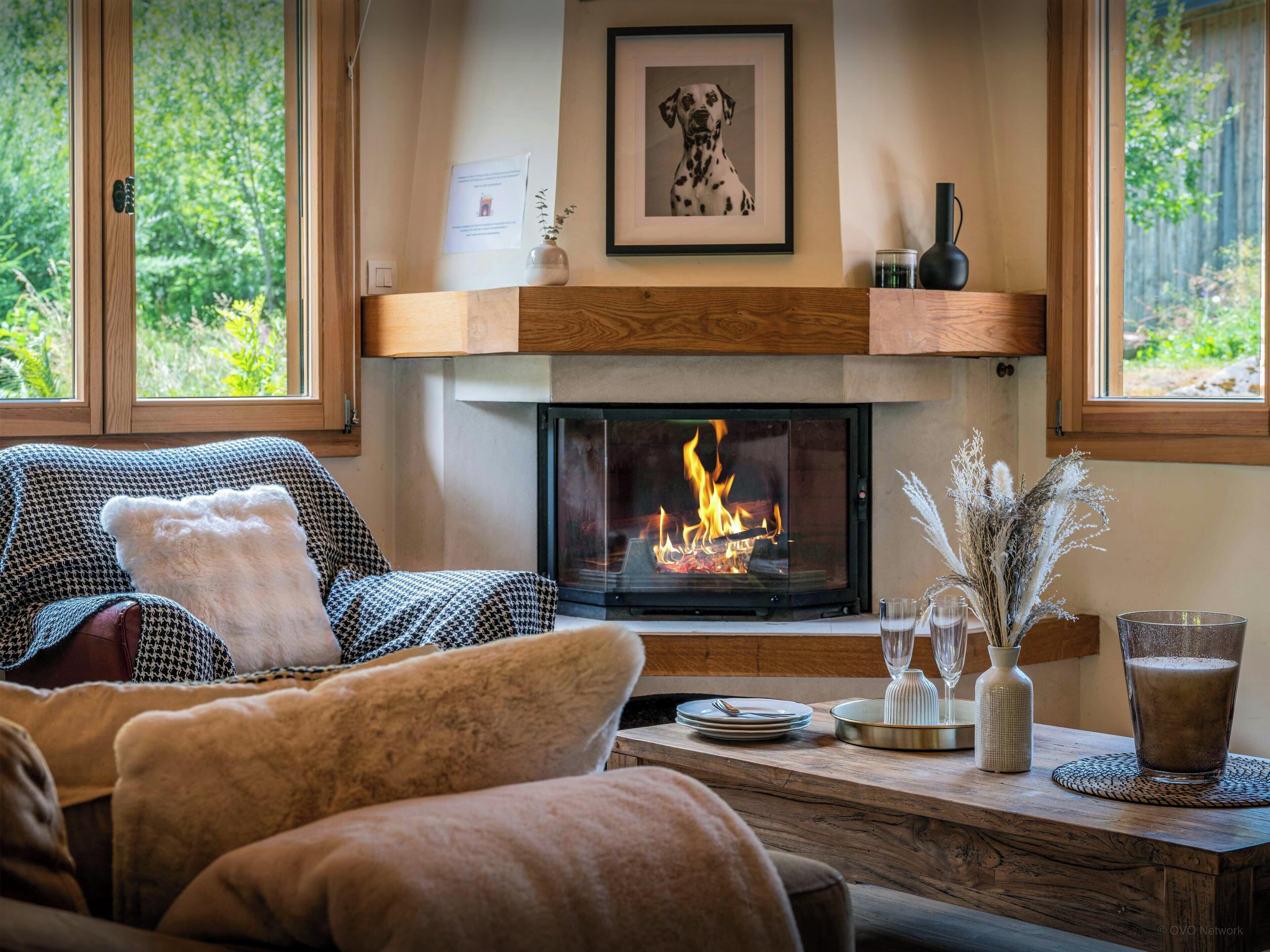 Televisión, chimenea y estéreo 