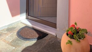 Une porte ornée d’un panneau de verre décoratif, un paillasson et un pot de fleurs.