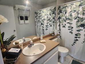Douche, sèche-cheveux, serviettes fournies, savon