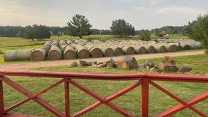 Un paysage rural avec des bottes de foin et des rochers, vu d’ derrière une clôture rouge.