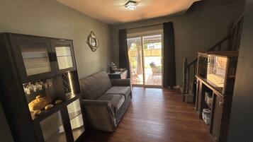 Smart TV, fireplace, books