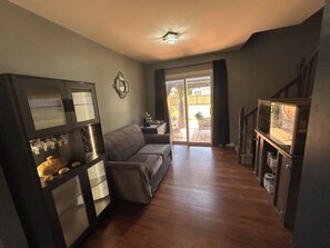 Smart TV, chimenea y libros 