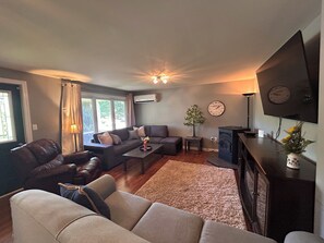 Smart TV, fireplace, books