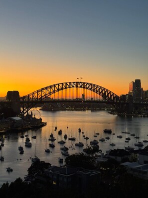 A bridge over a body of water with boats and buildings in the foreground.