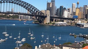 A cityscape with a prominent bridge, numerous boats, and high-rise buildings.