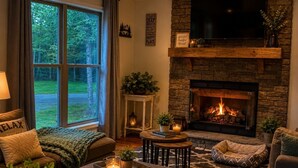 Una sala de estar acogedora con chimenea, ventanas amplias y asientos cómodos.