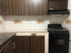 Fridge, oven, stovetop, cookware/dishes/utensils