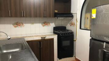 Fridge, oven, stovetop, cookware/dishes/utensils