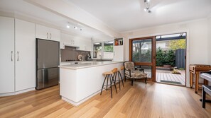 Fridge, stovetop, coffee/tea maker, toaster