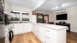 Fridge, stovetop, coffee/tea maker, toaster