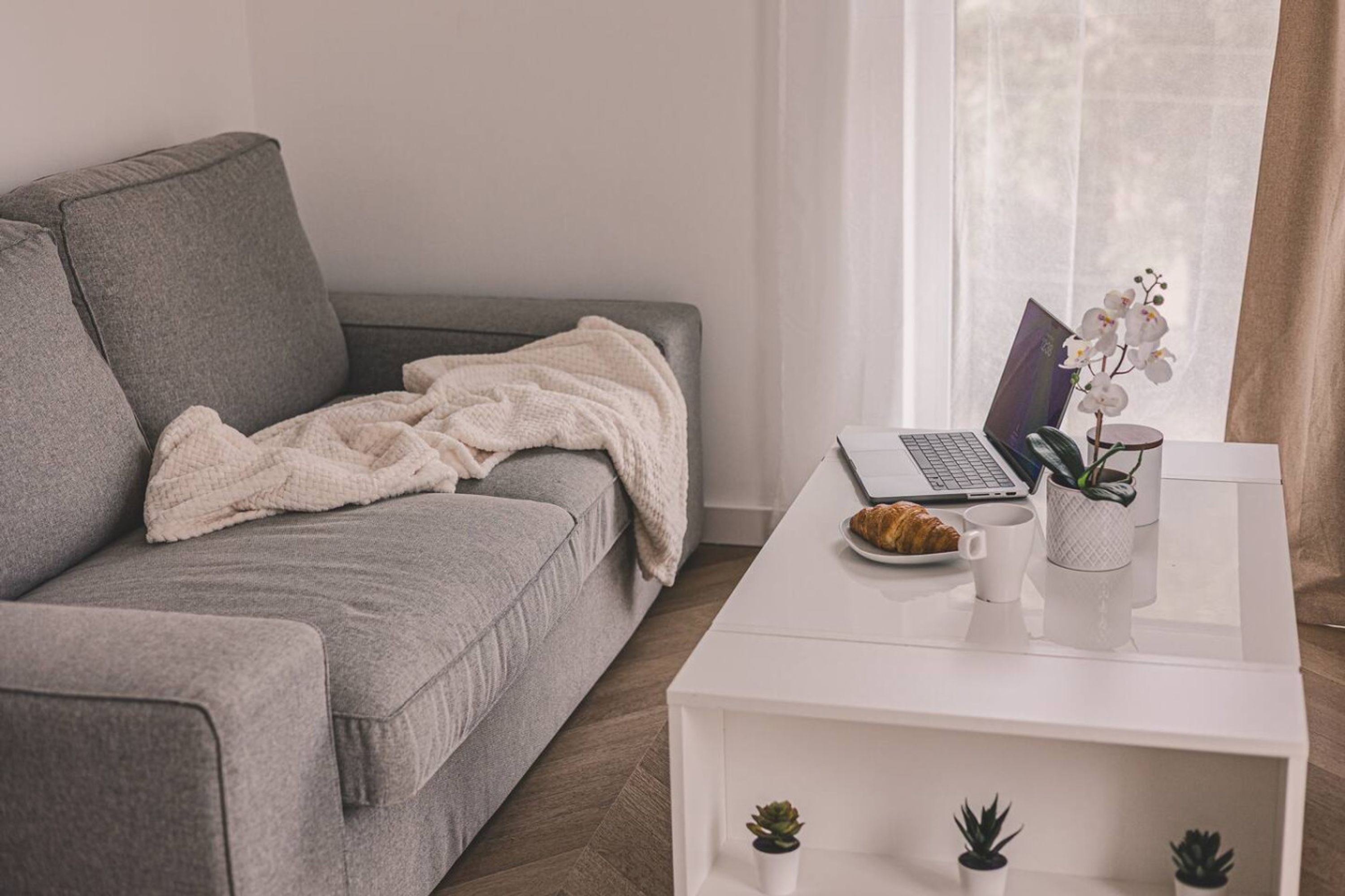 A modern living room with a grey sofa, a white coffee table, a laptop, a croissant, a cup, and a small potted plant.