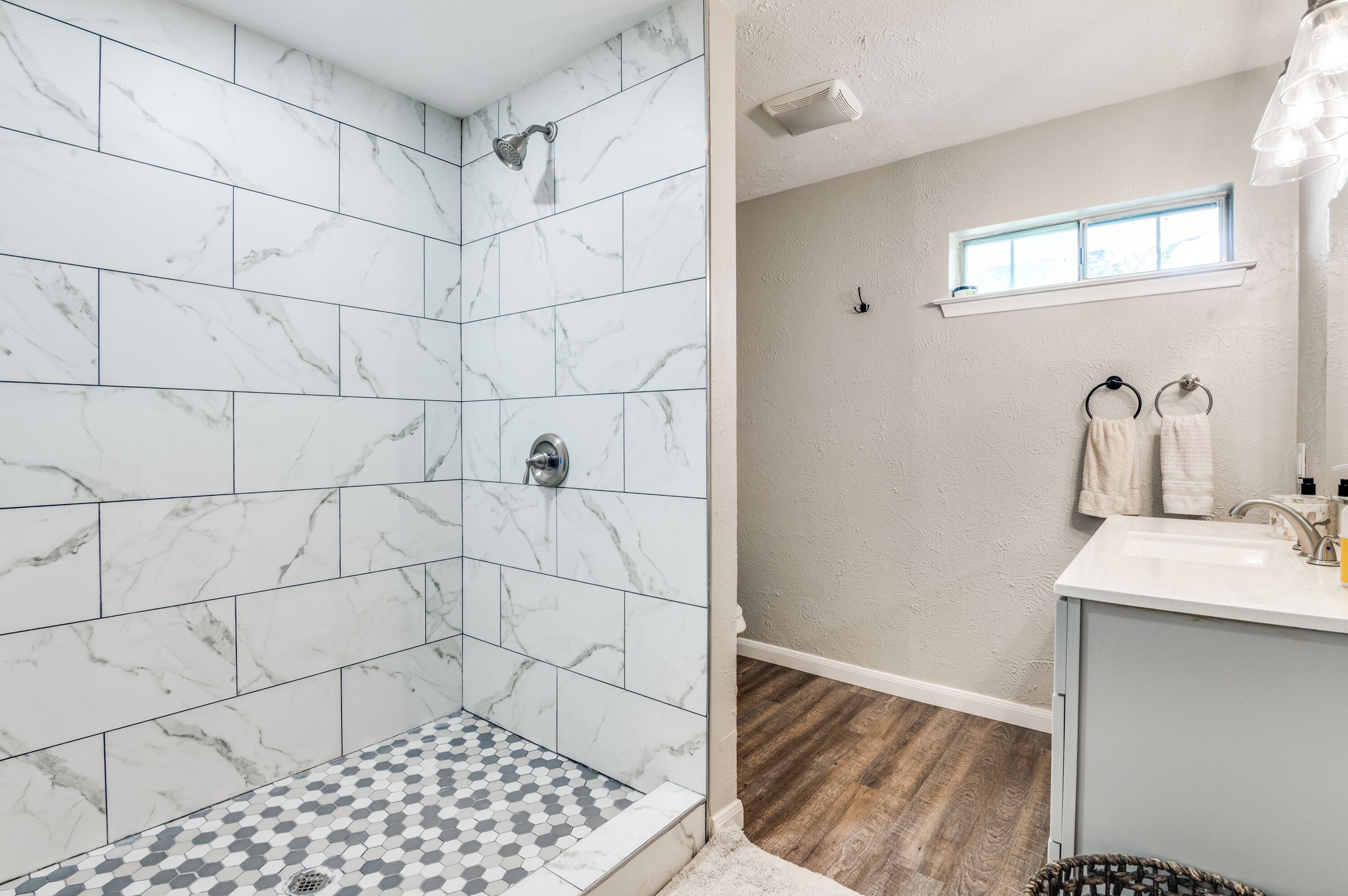Hair dryer, towels, soap, toilet paper