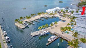 An aerial view of a marina with boats docked, a dock extending into the water, and a row of buildings with a pool area.