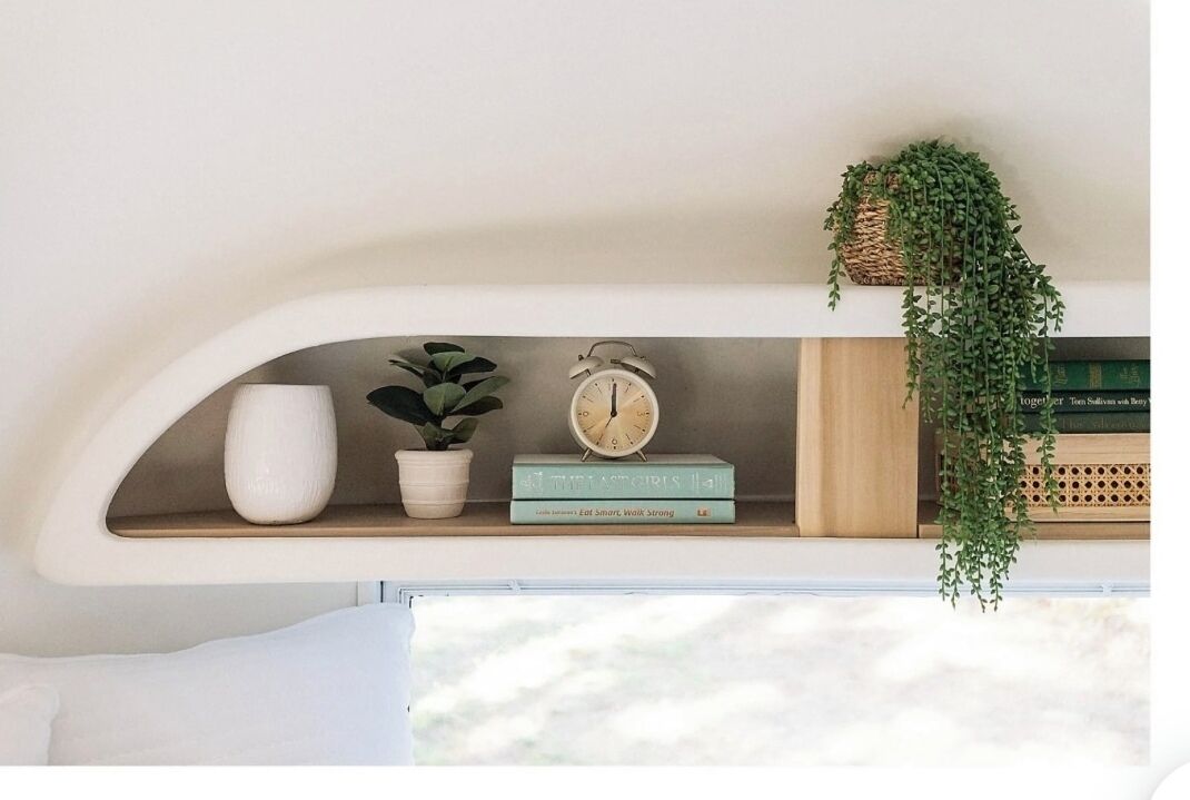 A shelf with a potted plant, a book titled 'The Smart Walk Strong', and a vintage alarm clock.