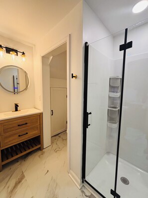 Hair dryer, towels, soap, shampoo