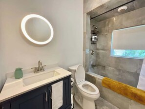 Shower, hair dryer, shampoo