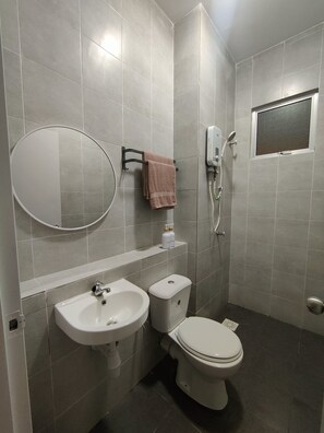 Shower, bidet, towels, soap