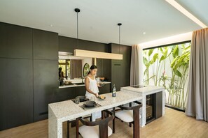 Deluxe Villa, 2 Bedrooms, Patio, Pool View | Private kitchen | Fridge, stovetop, coffee/tea maker, cookware/dishes/utensils