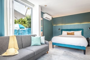 Habitación, 1 cama de matrimonio con sofá cama, no fumadores, planta baja | Cortinas opacas, tabla de planchar con plancha, wifi gratis