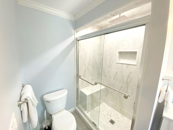 Shower, hair dryer, towels, soap