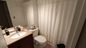 Een haardroger, handdoeken, zeep, toiletpapier