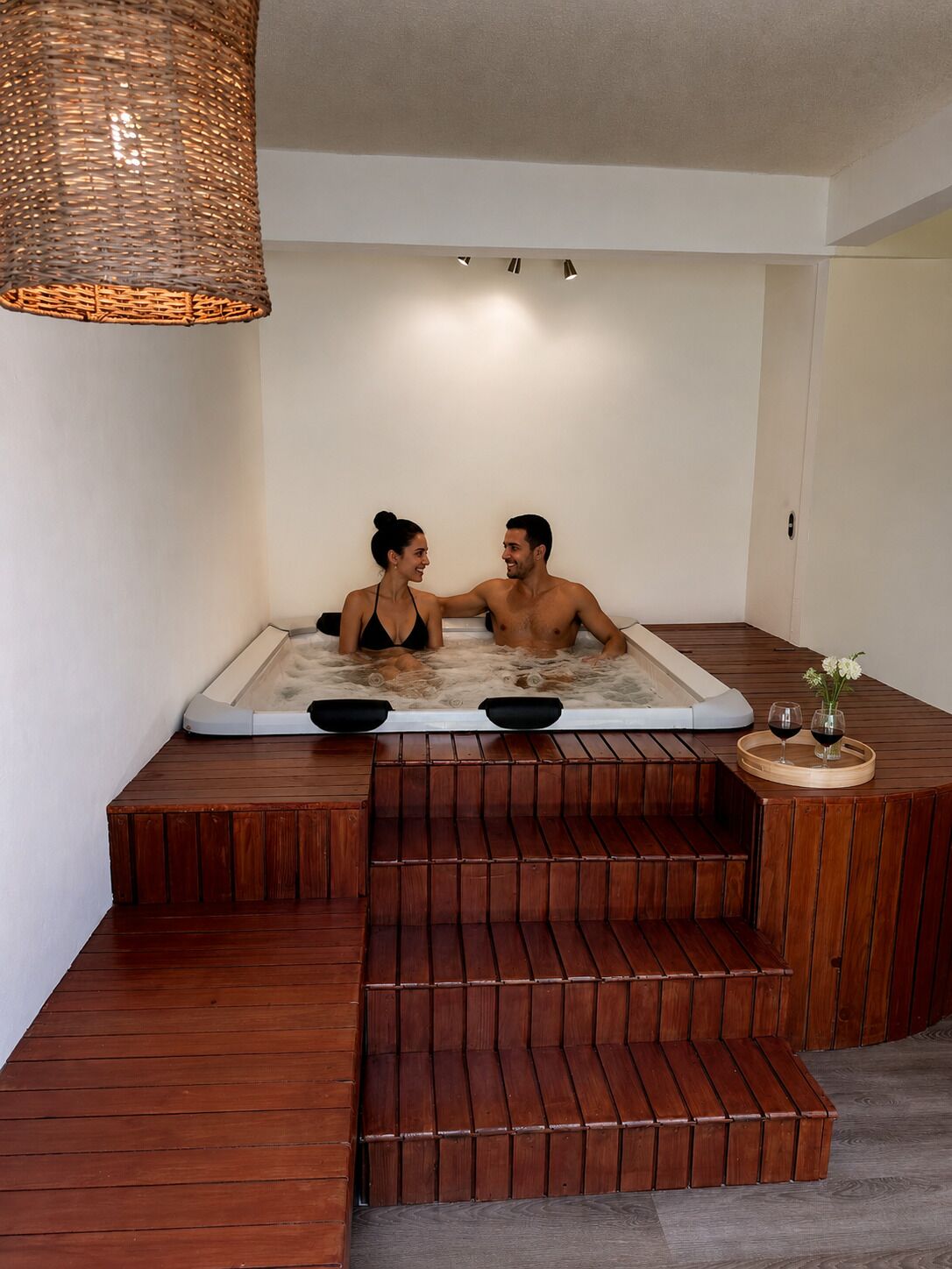Ein Whirlpool mit hölzernen Stufen, zwei Personen darin sitzend, und ein Tablett mit Gläsern an der Seite.
