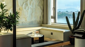 Ein modernes Zimmer mit großem Fenster, einer eingebauten Bank, einer Topfpflanze und einem Kaktus im Fensterbrett.
