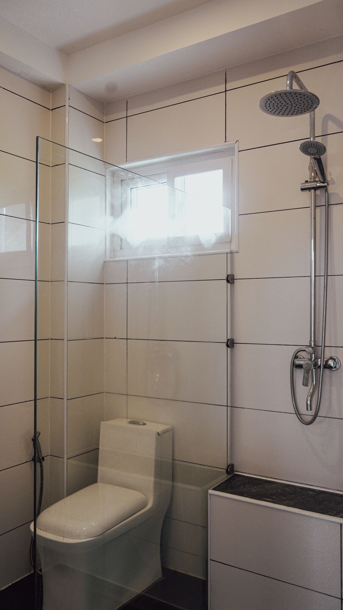 A modern bathroom with a glass-enclosed shower, a toilet, and a vanity with a black countertop.