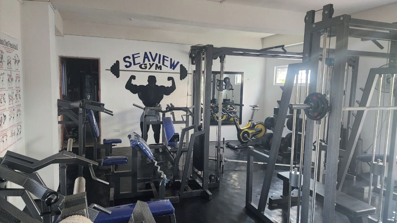 A gym with various exercise equipment, a wall with a muscular figure and the text "SEAVIEW GYM".