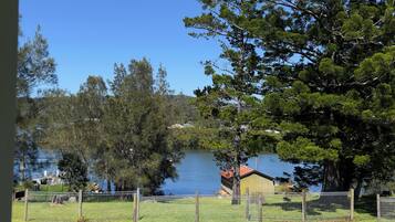 A fenced grassy area with a view of a lake and trees.