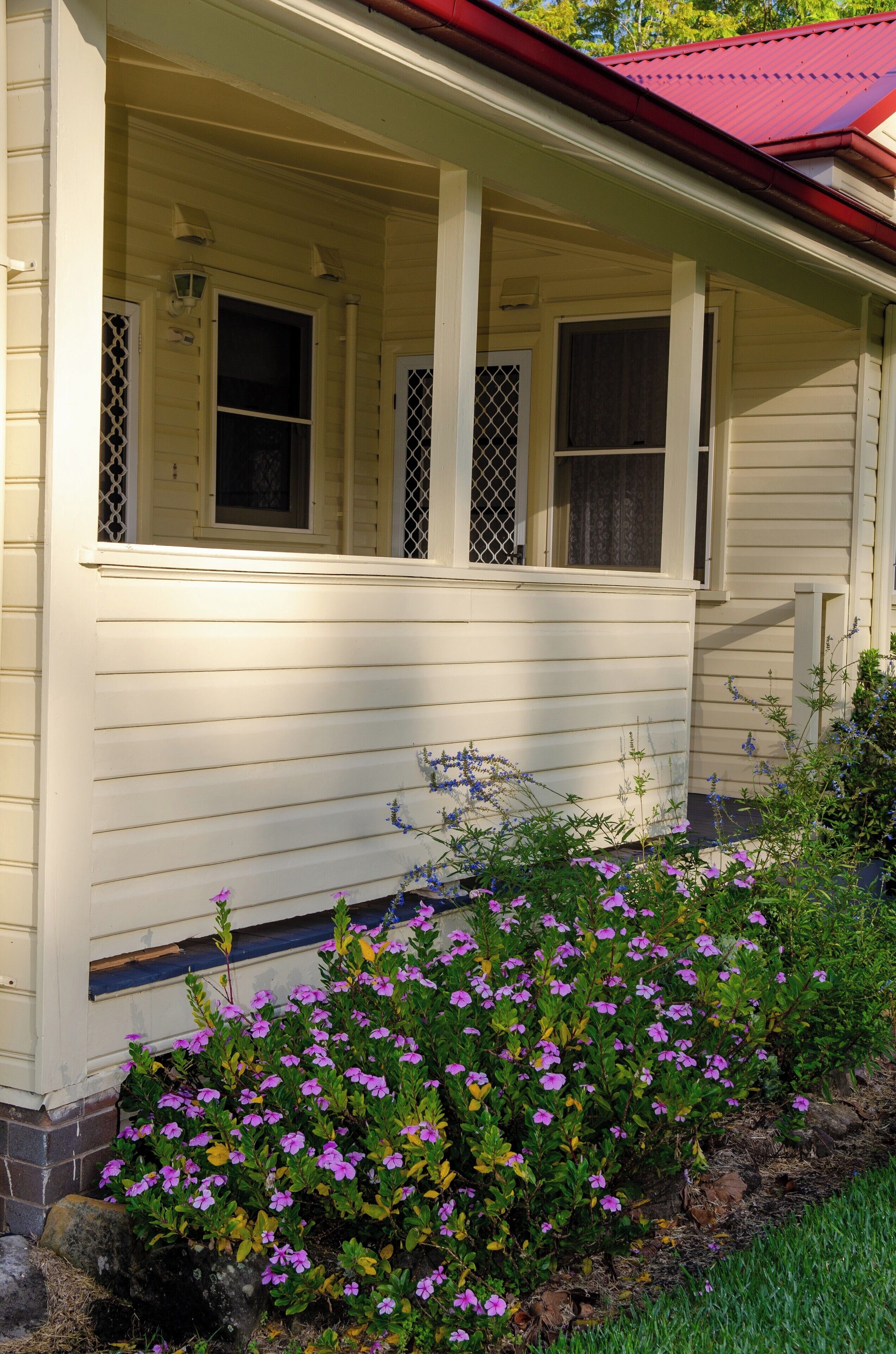 A house with a porch, a covered front entrance, and a garden with purple flowers.
